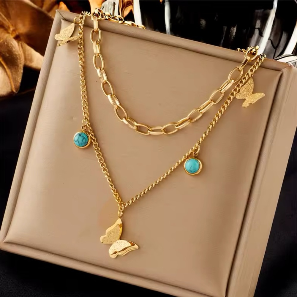 Gold Filled Turquoise Butterfly Multilayer Necklace